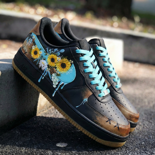 Black Turquoise Sunflower Custom AF 1s Shoes