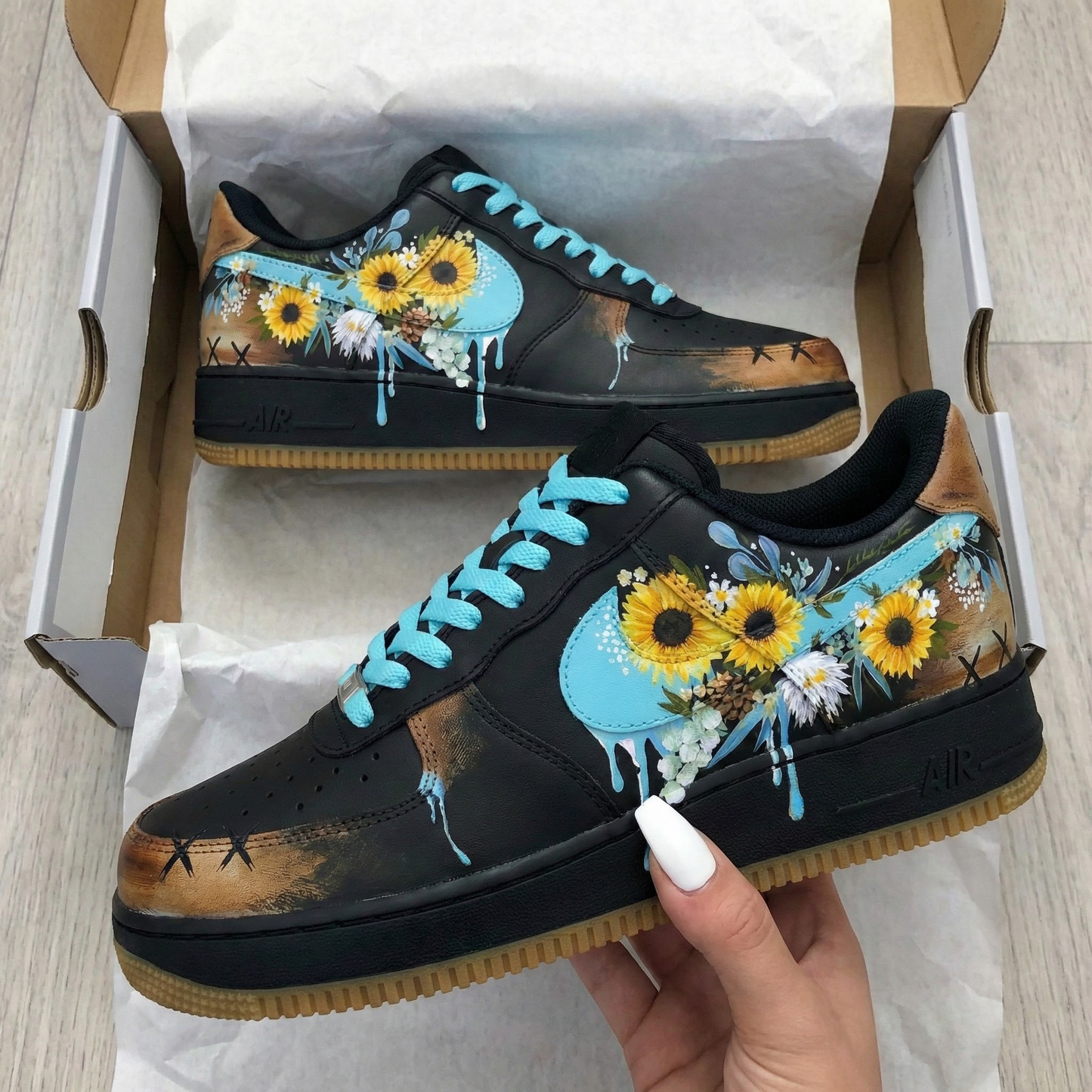 Black Turquoise Sunflower Custom AF 1s Shoes