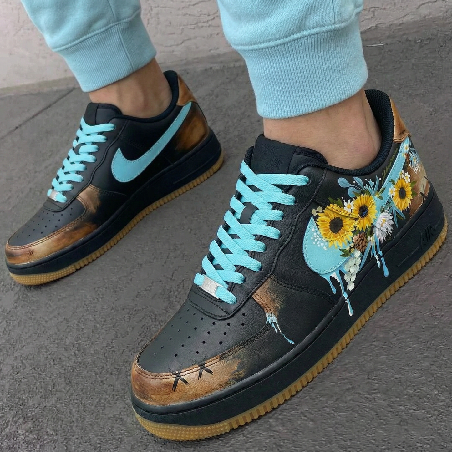 Black Turquoise Sunflower Custom AF 1s Shoes
