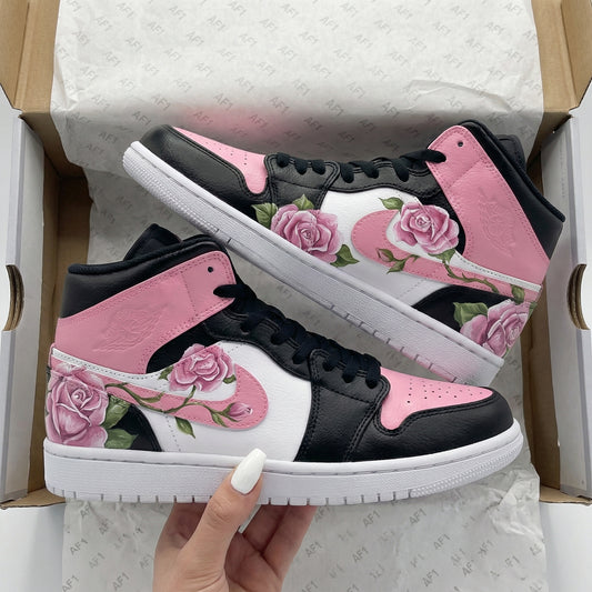 Black White Baby Pink Rose Custom AJ 1s Shoes