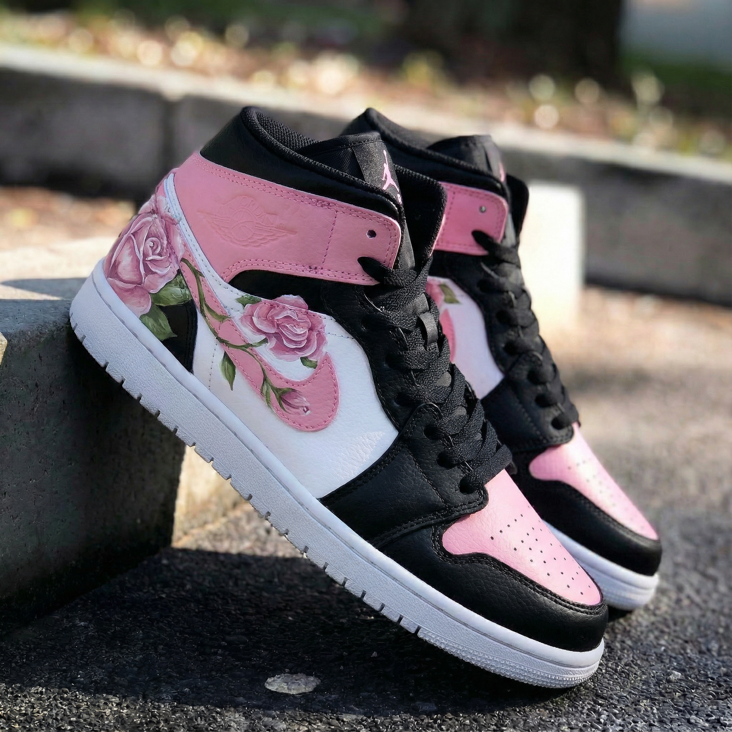 Black White Baby Pink Rose Custom AJ 1s Shoes