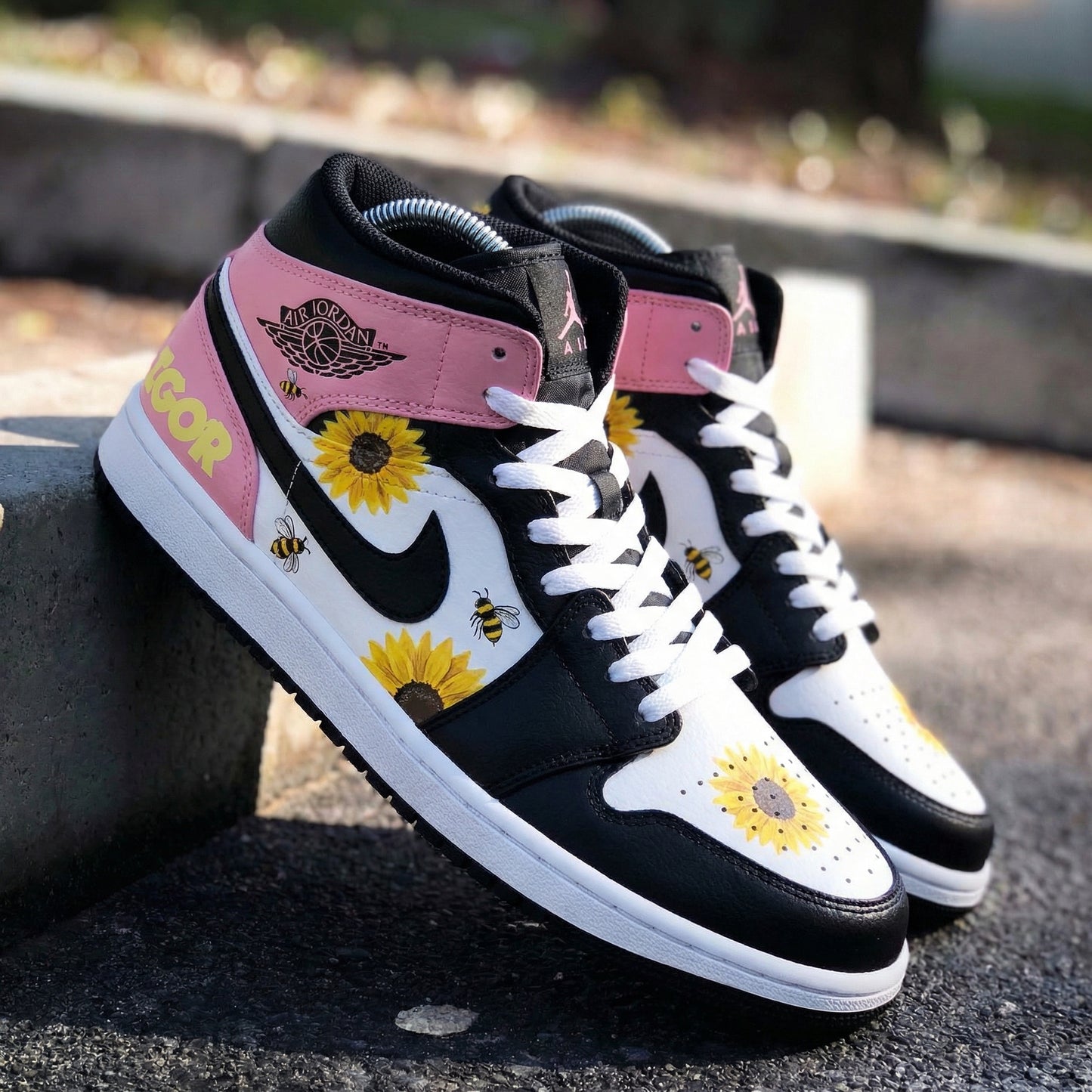 Black White Baby Pink Sunflower Bee Custom AJ 1s Shoes