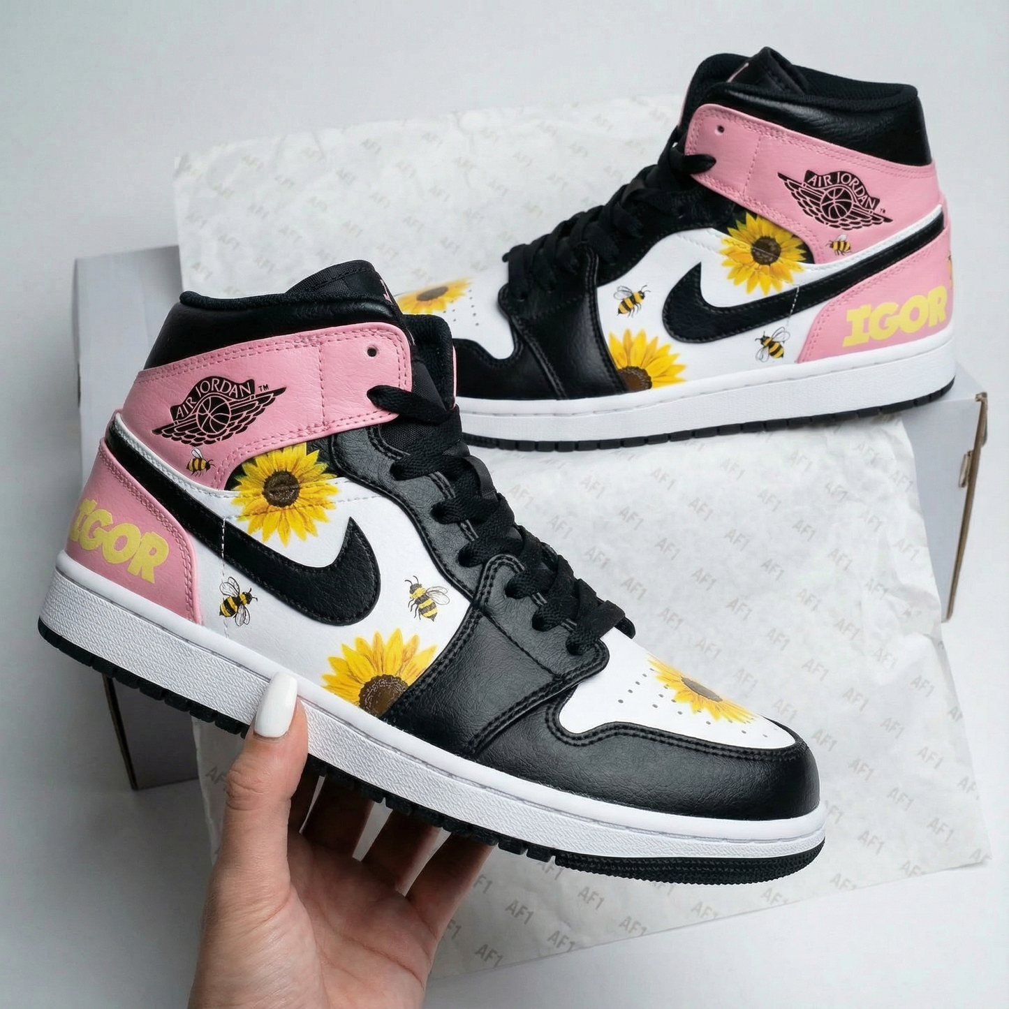 Black White Baby Pink Sunflower Bee Custom AJ 1s Shoes
