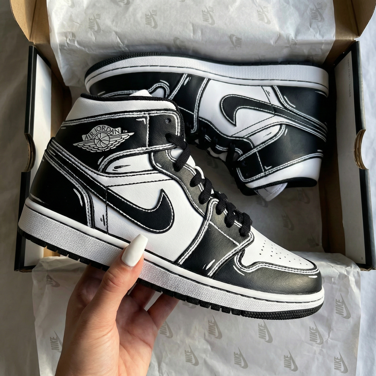 Black White Cartoon Outline Custom AJ 1s Shoes