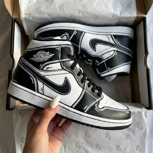 Black White Cartoon Outline Custom AJ 1s Shoes