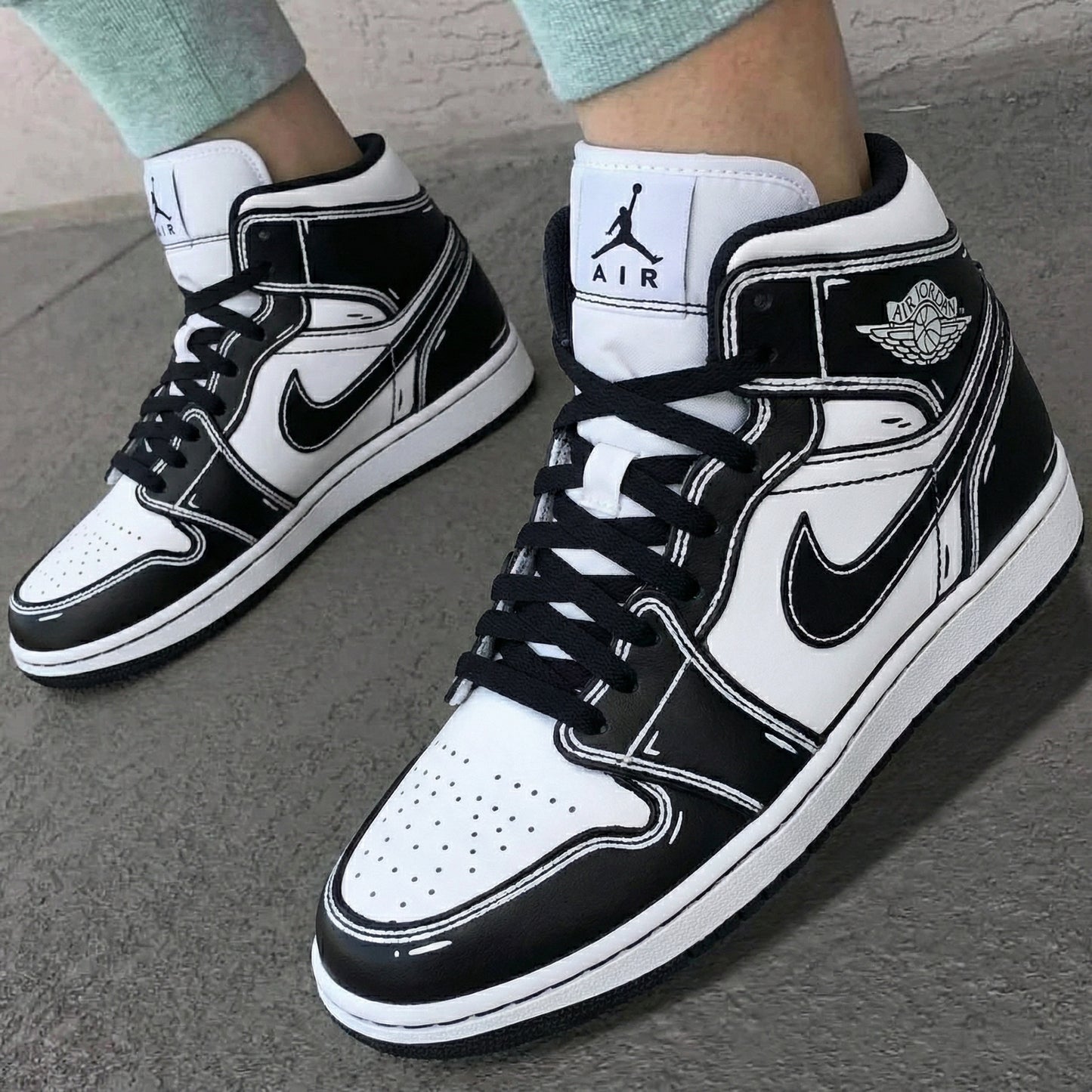 Black White Cartoon Outline Custom AJ 1s Shoes