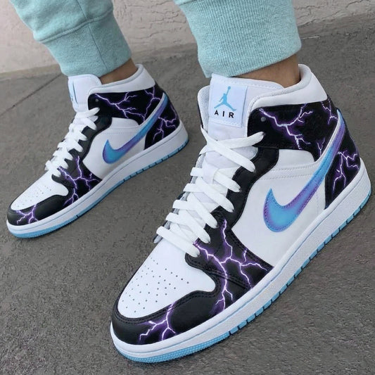 Black White Lightning Custom AJ 1s Shoes