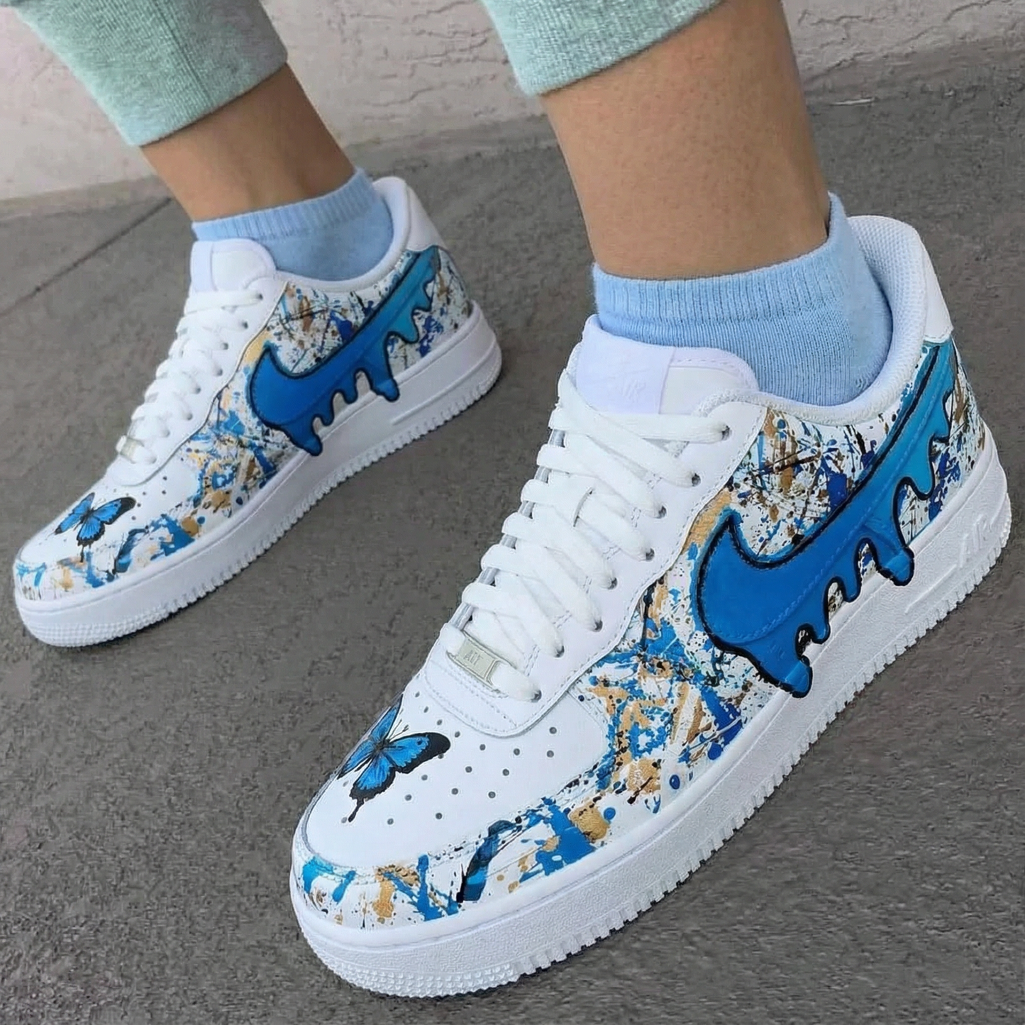 Blue Butterfly Splatter Custom AF 1s Shoes