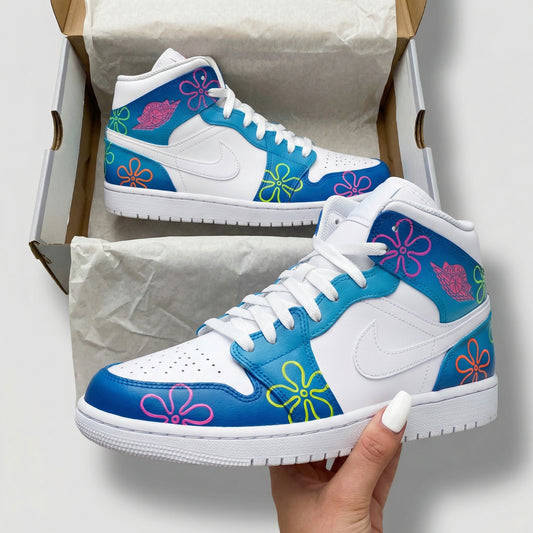 Blue Colorful Flowers Custom AJ 1s Shoes
