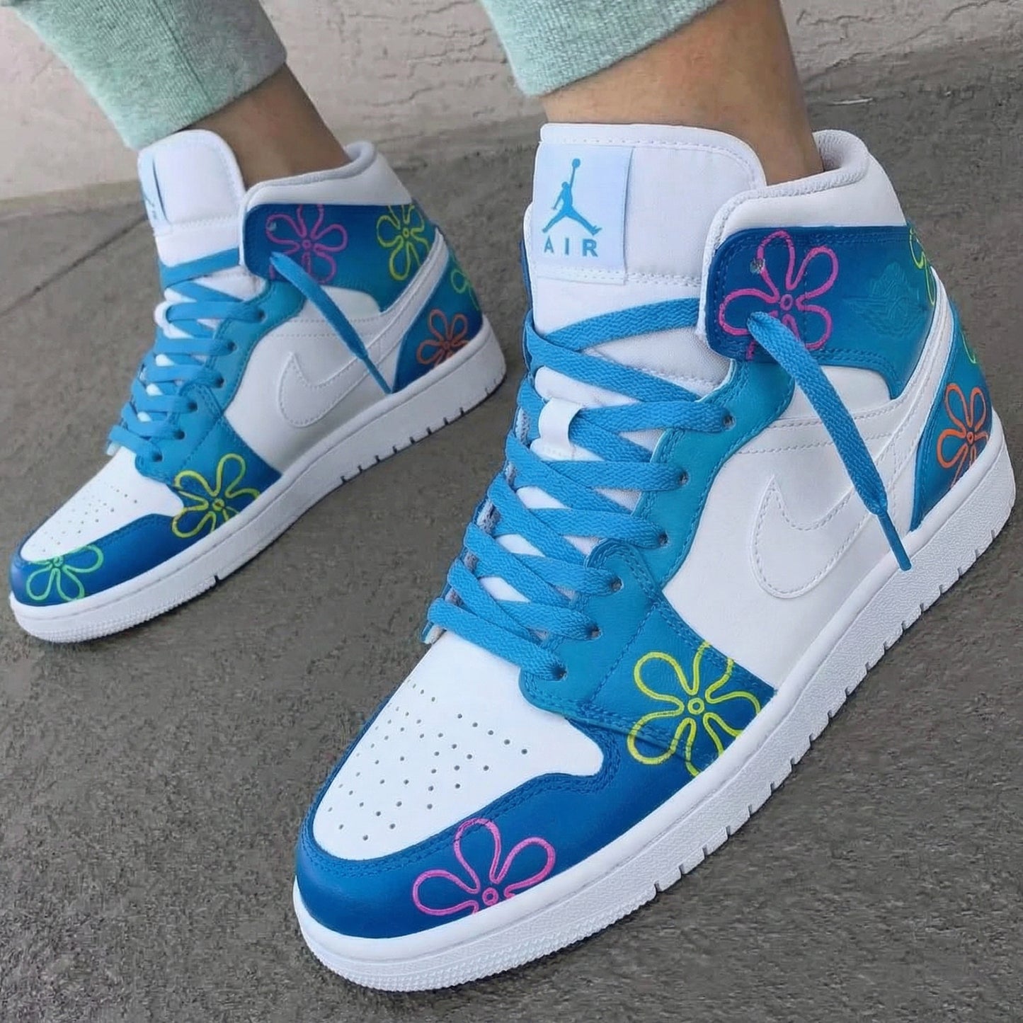 Blue Colorful Flowers Custom AJ 1s Shoes