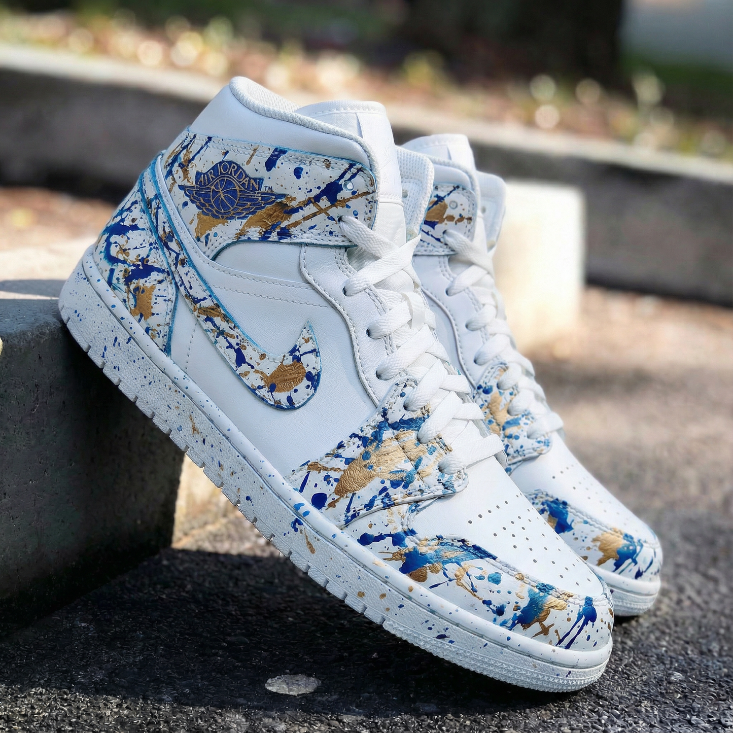 Blue Gold Splatter Custom AJ 1s Shoes