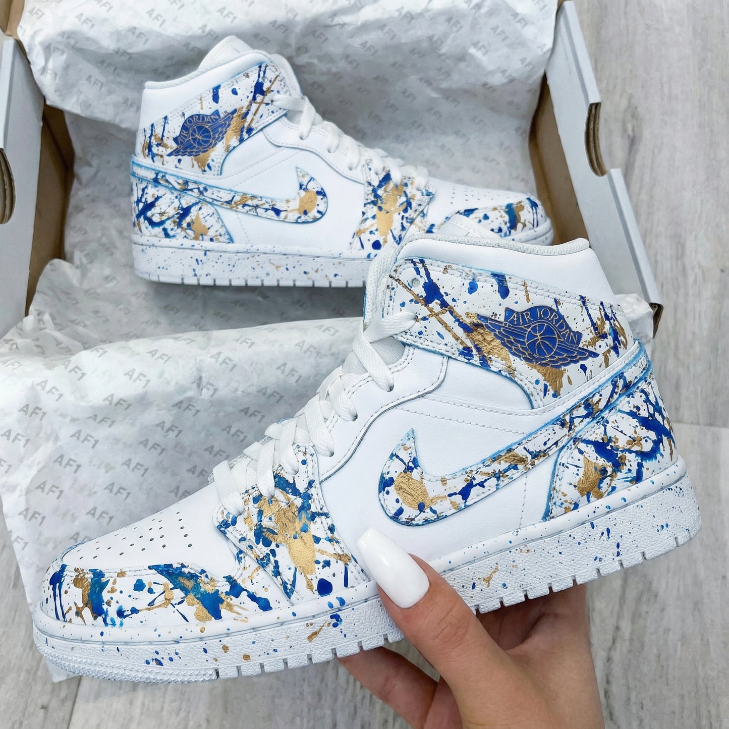 Blue Gold Splatter Custom AJ 1s Shoes