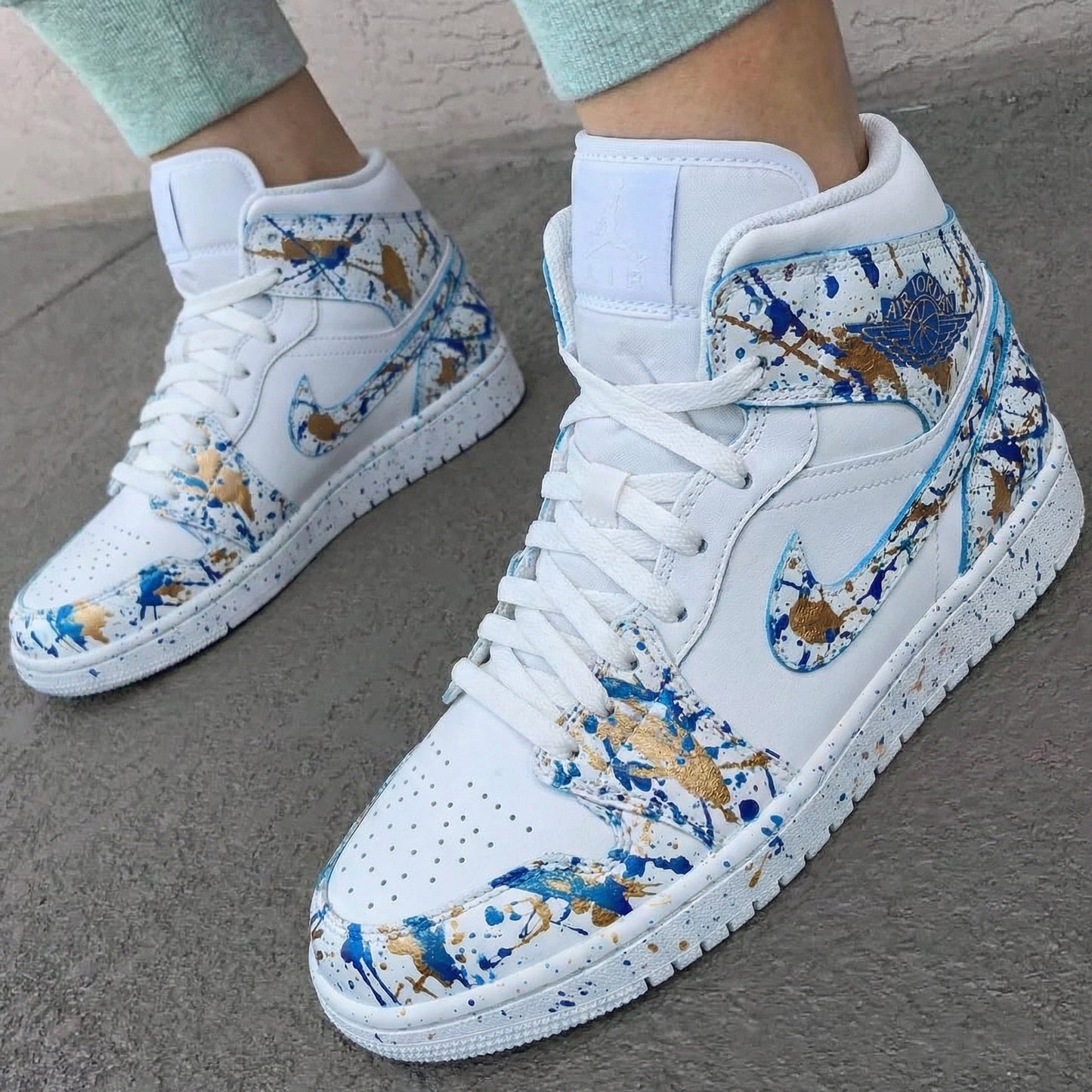 Blue Gold Splatter Custom AJ 1s Shoes