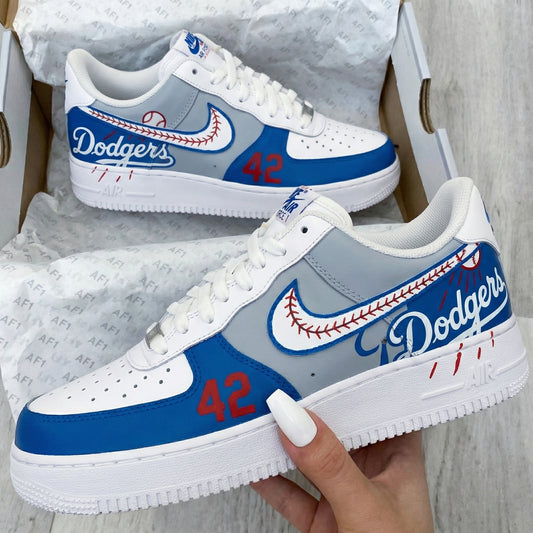 Blue Gray Dodgers Baseball Stitches 42 Custom AF 1s Shoes