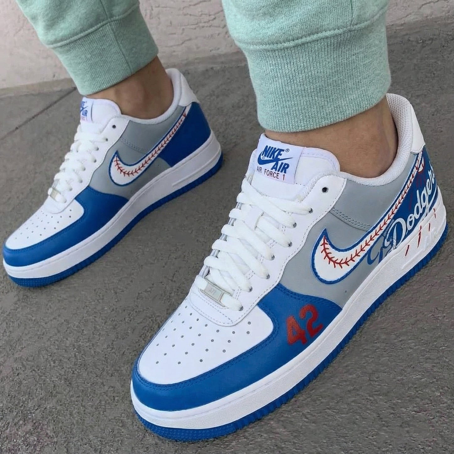 Blue Gray Dodgers Baseball Stitches 42 Custom AF 1s Shoes