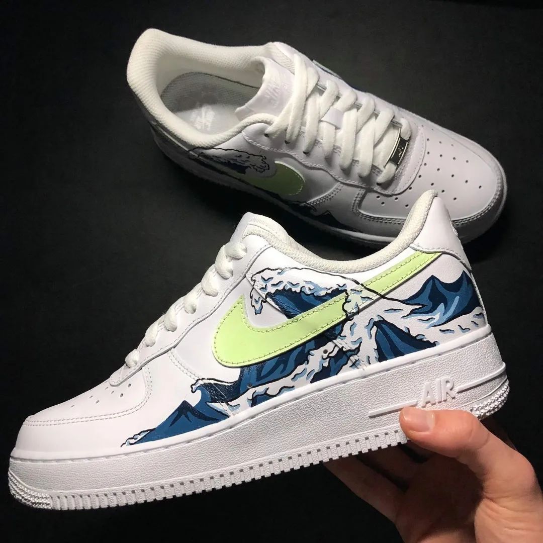 Blue Green Wave Pattern Custom AF 1s Shoes
