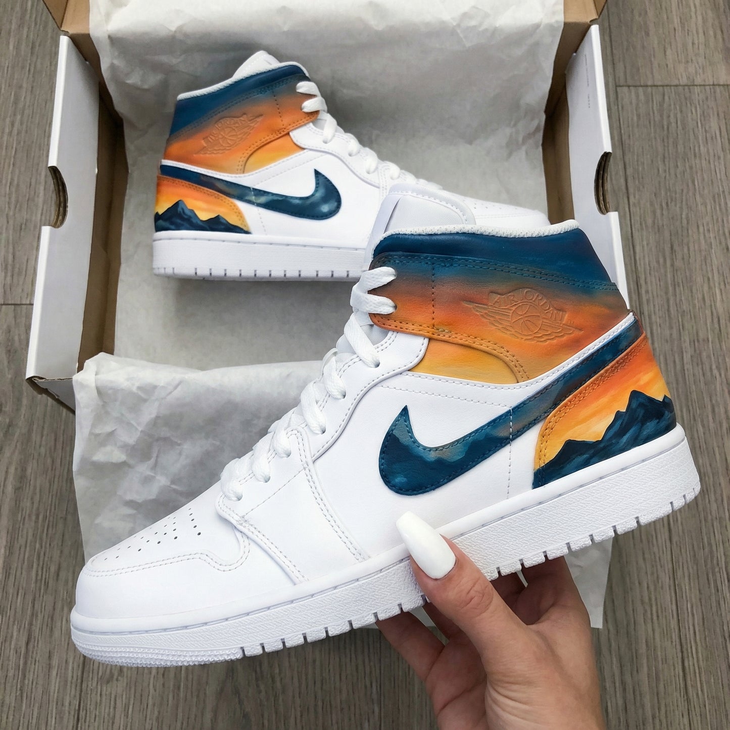 Blue Orange Sunset Mountain Pattern Custom AJ 1s Shoes