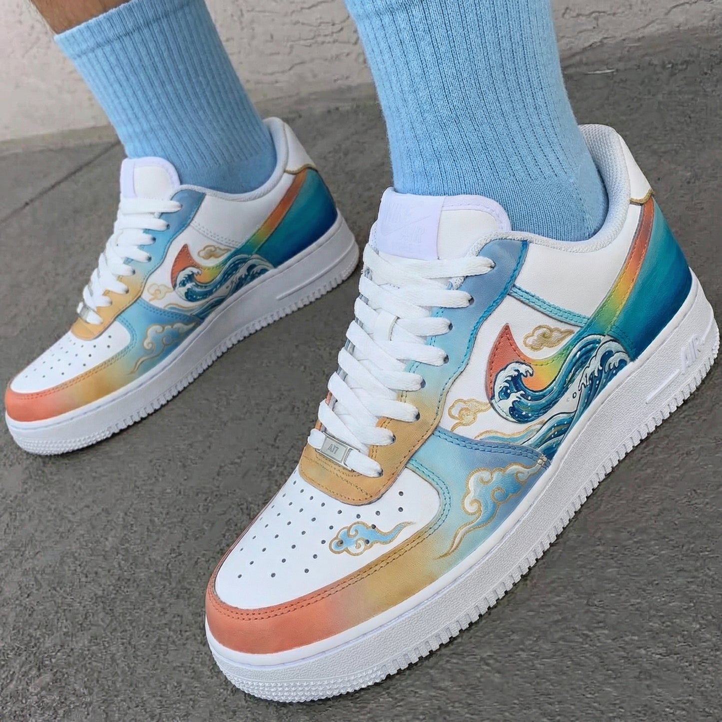 Blue Orange Wave Pattern Custom AF 1s Shoes