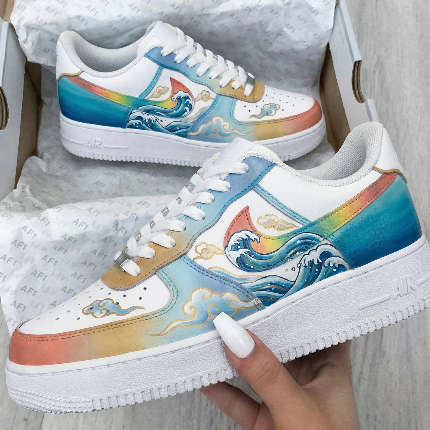 Blue Orange Wave Pattern Custom AF 1s Shoes