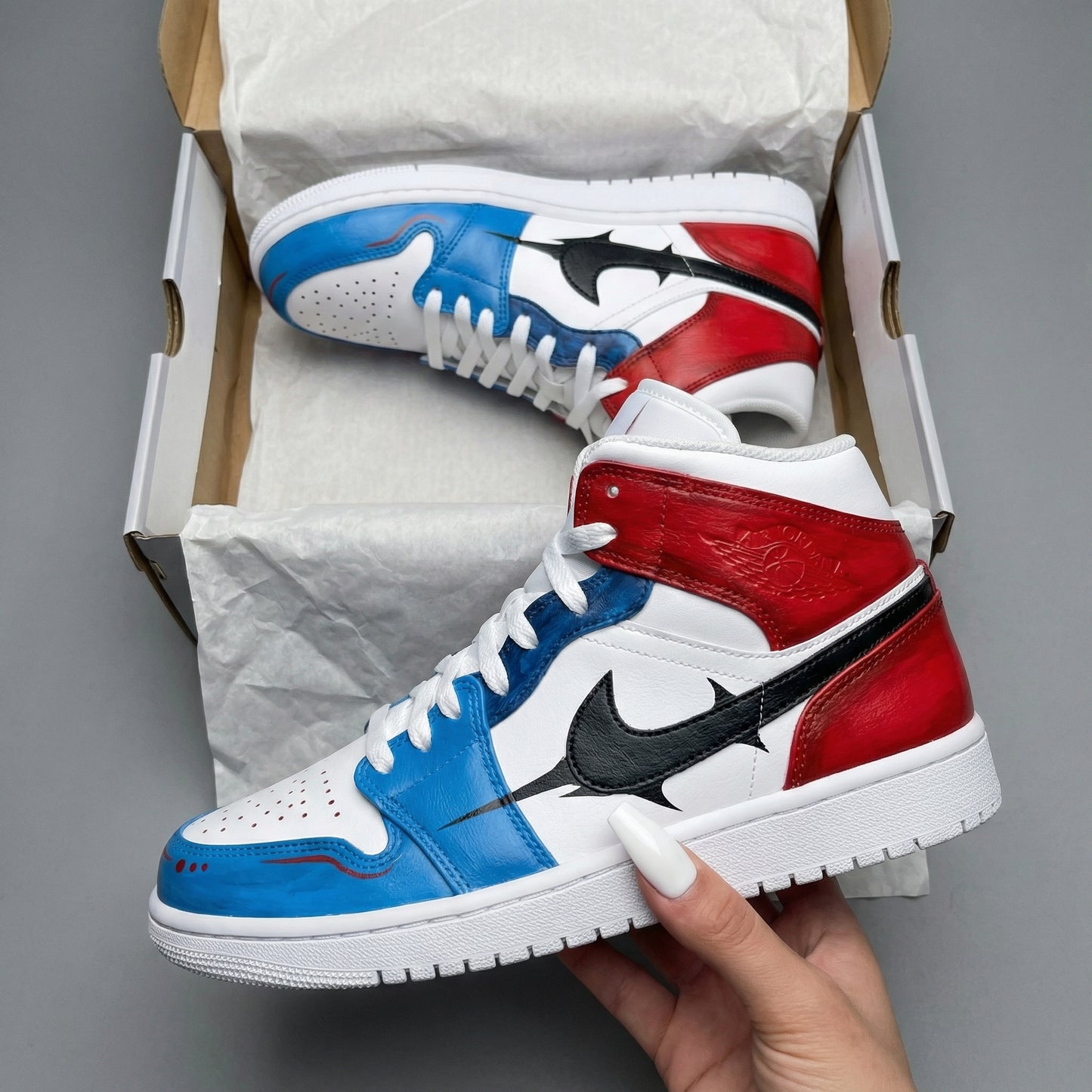 Blue Red Black Thorn Swoosh Custom AJ 1s Shoes