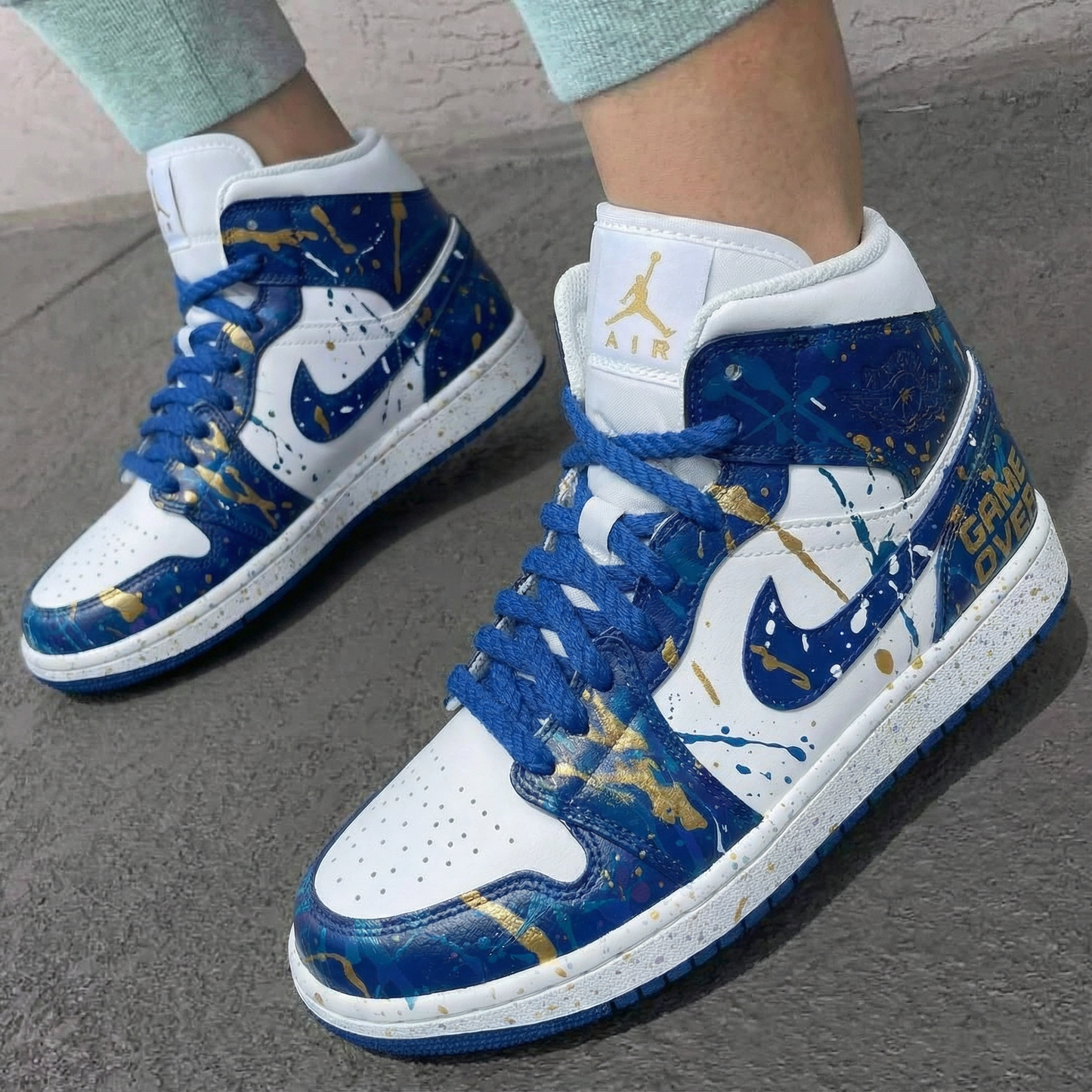 Blue White Gold Splatter Custom AJ 1s Shoes
