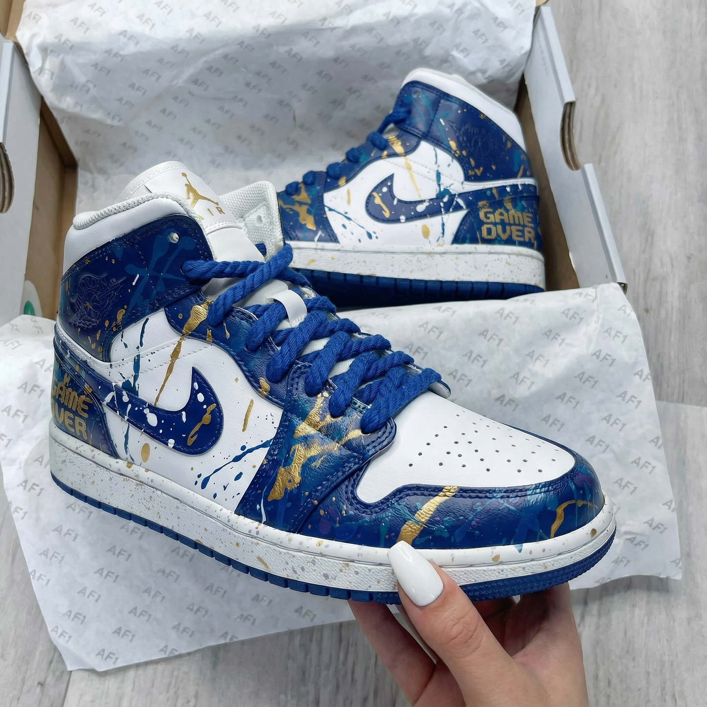Blue White Gold Splatter Custom AJ 1s Shoes