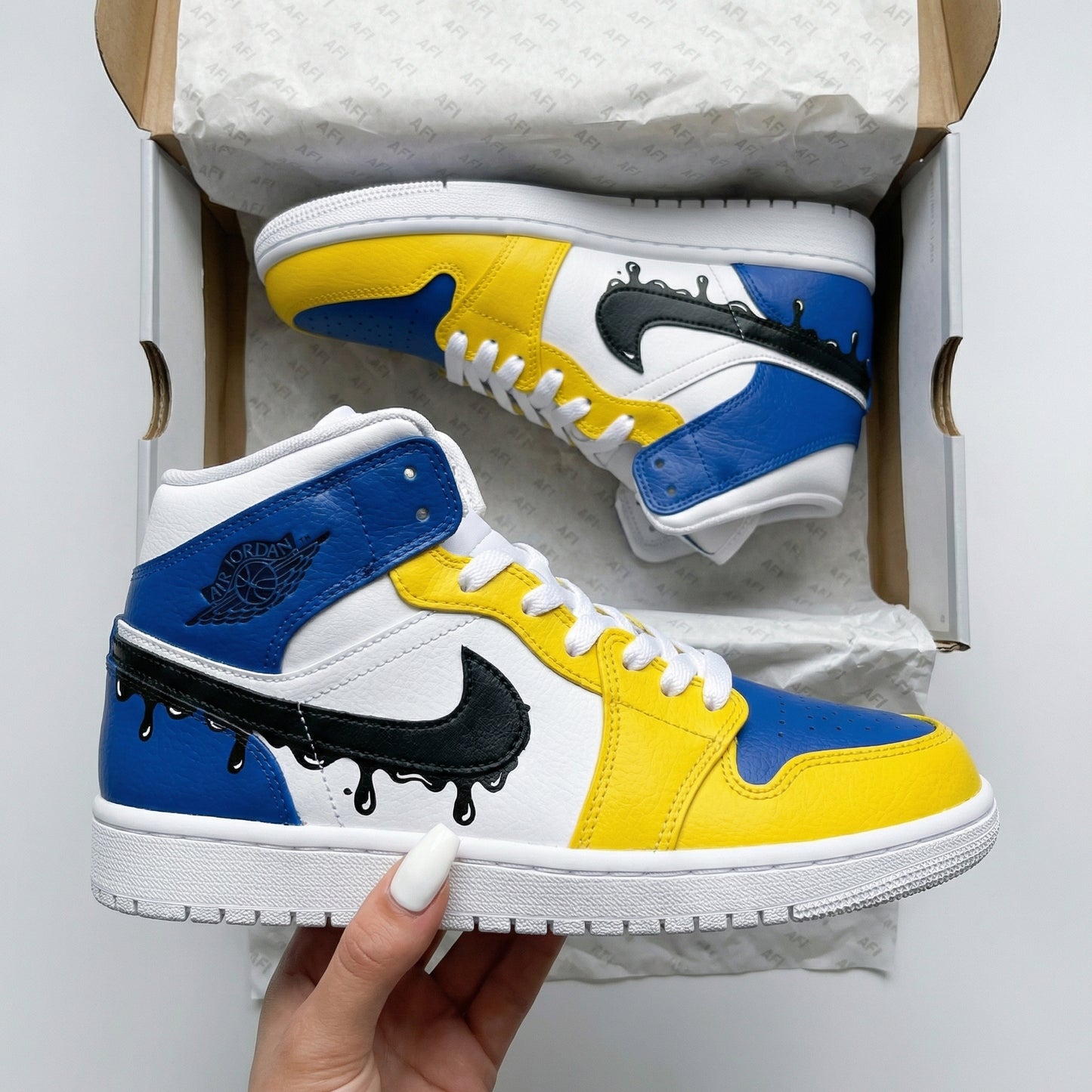Blue Yellow Black Drip Swoosh Custom AJ 1s Shoes
