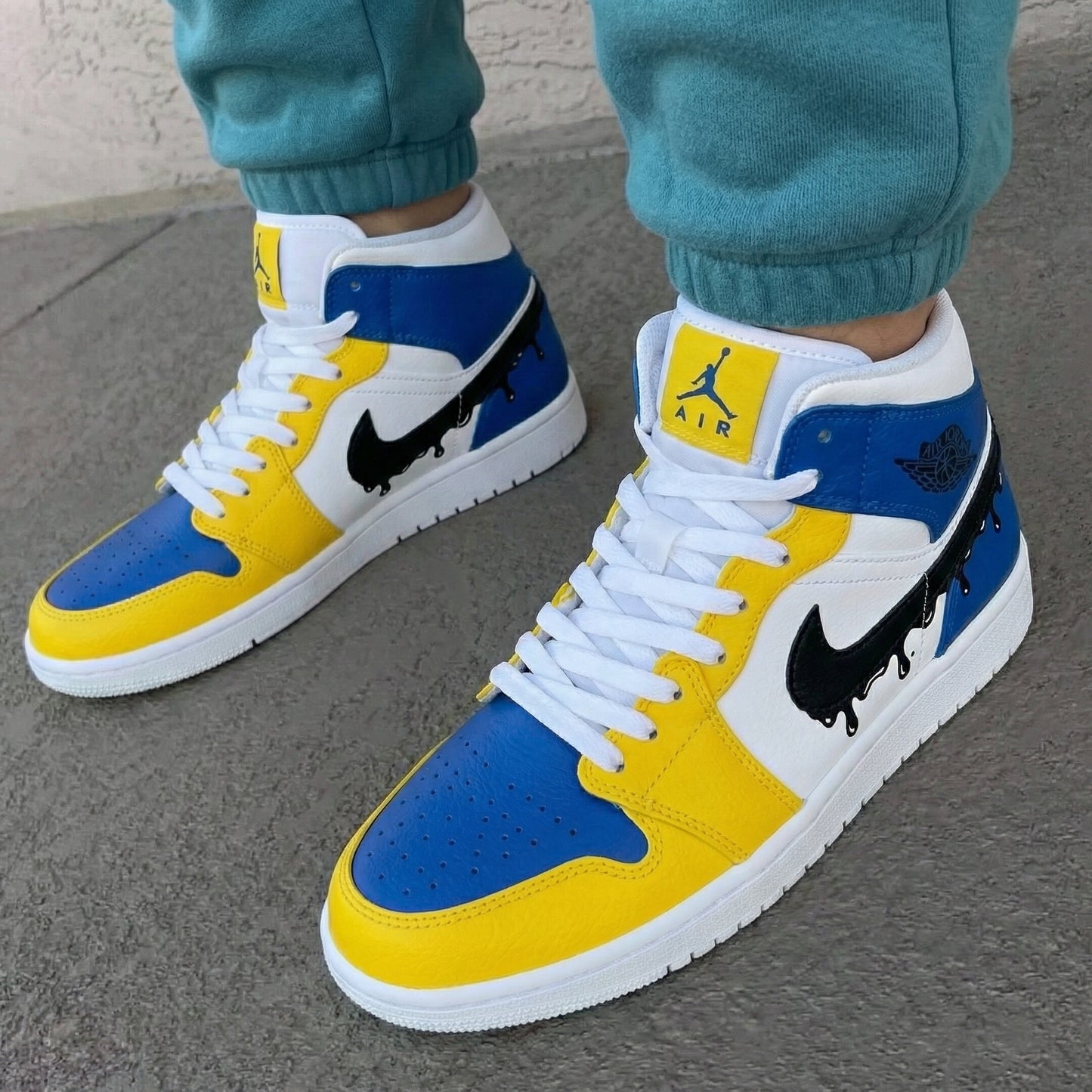 Blue Yellow Black Drip Swoosh Custom AJ 1s Shoes