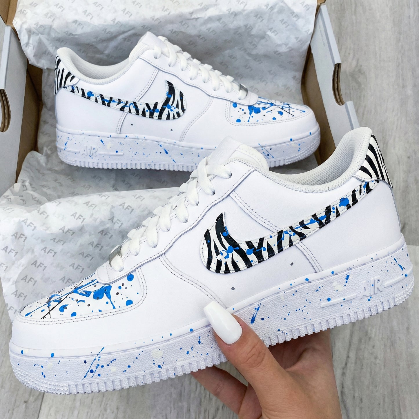 Blue Zebra Print Blue Splatter Custom AF 1s Shoes