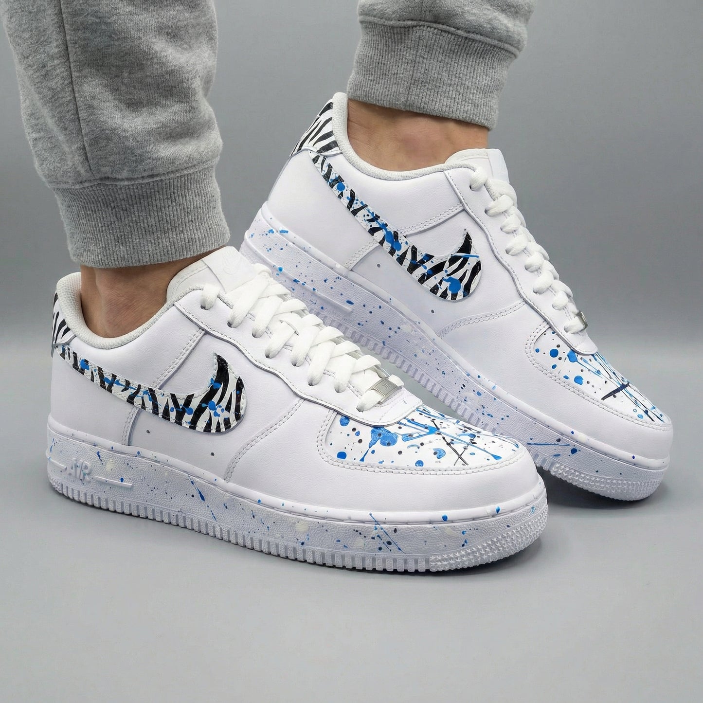 Blue Zebra Print Blue Splatter Custom AF 1s Shoes