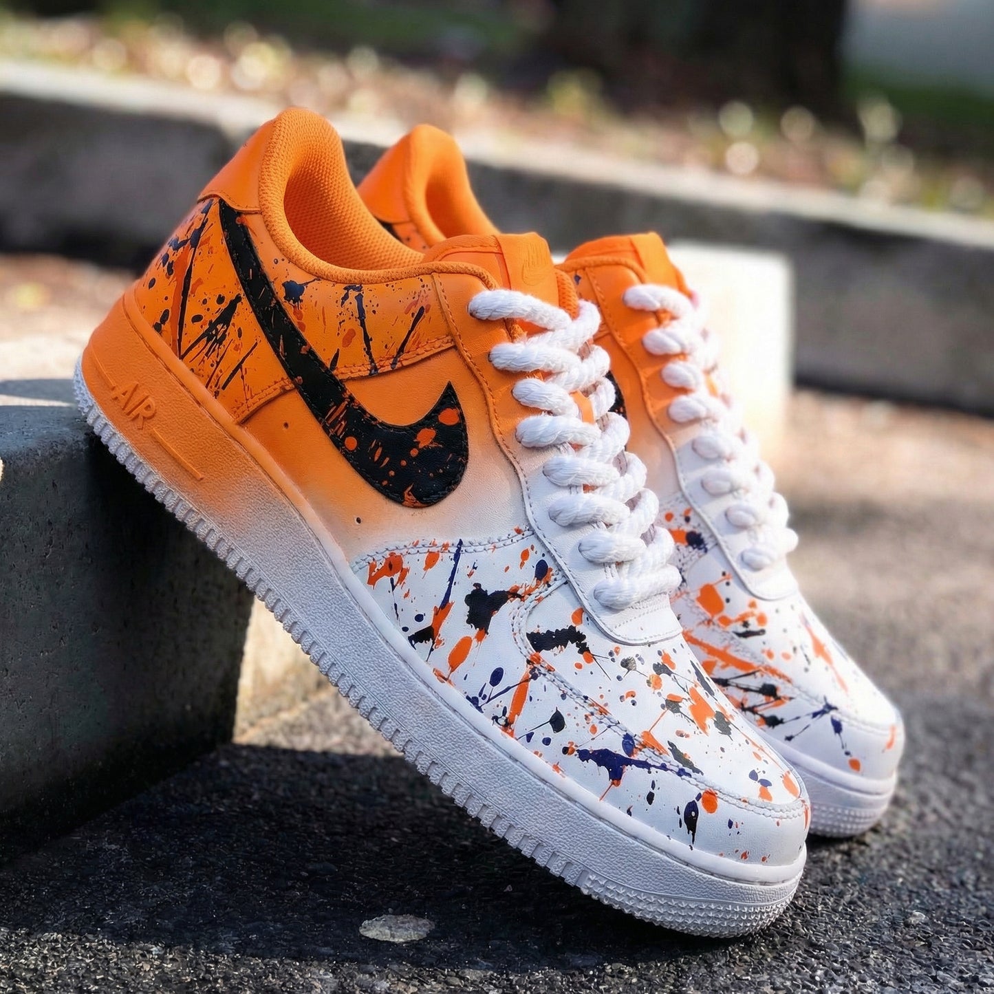 Bold Orange Black Paint Splash Custom AF 1s Shoes