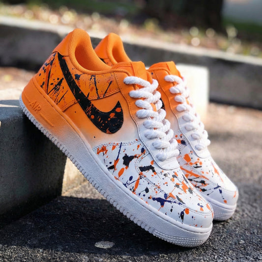 Bold Orange Black Paint Splash Custom AF 1s Shoes