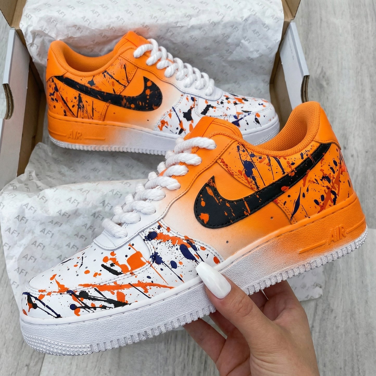 Bold Orange Black Paint Splash Custom AF 1s Shoes