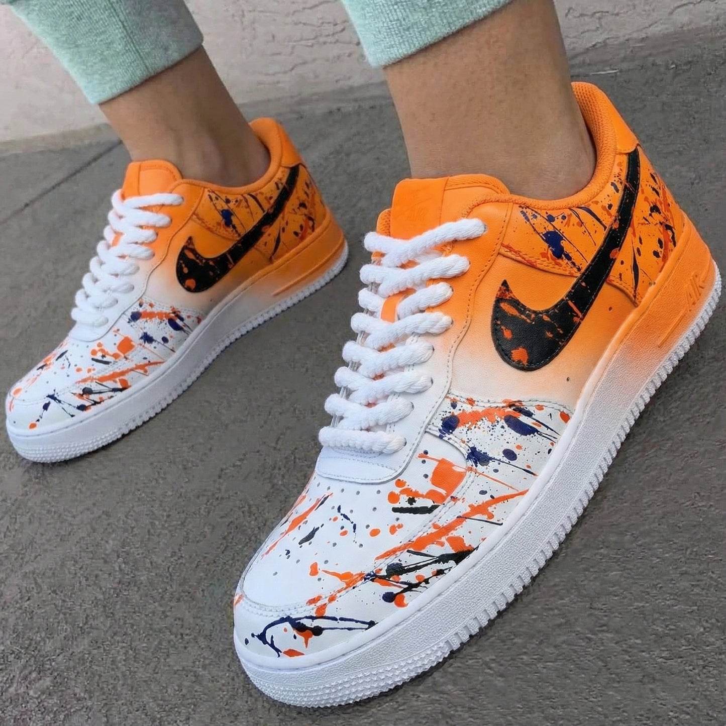 Bold Orange Black Paint Splash Custom AF 1s Shoes