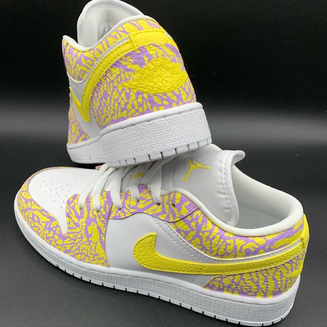 Bright Yellow with Mystic Purple Cracks Custom AJ 1s Shoes