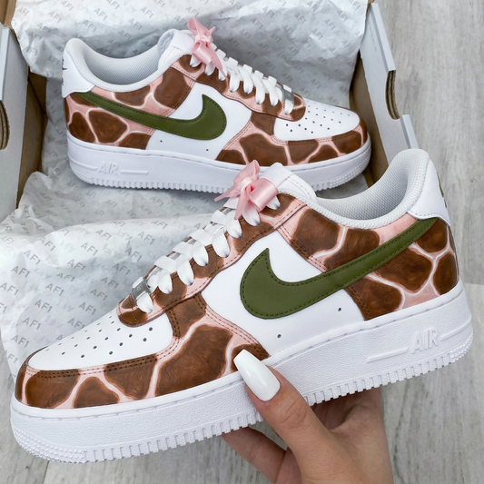 Brown Baby Pink Green Giraffe Pattern Pink Bows Custom AF 1s Shoes
