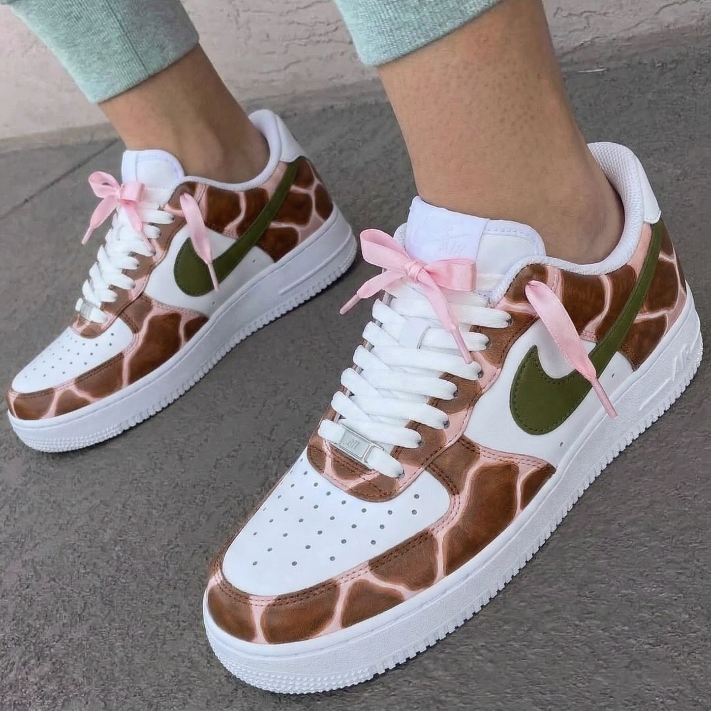 Brown Baby Pink Green Giraffe Pattern Pink Bows Custom AF 1s Shoes