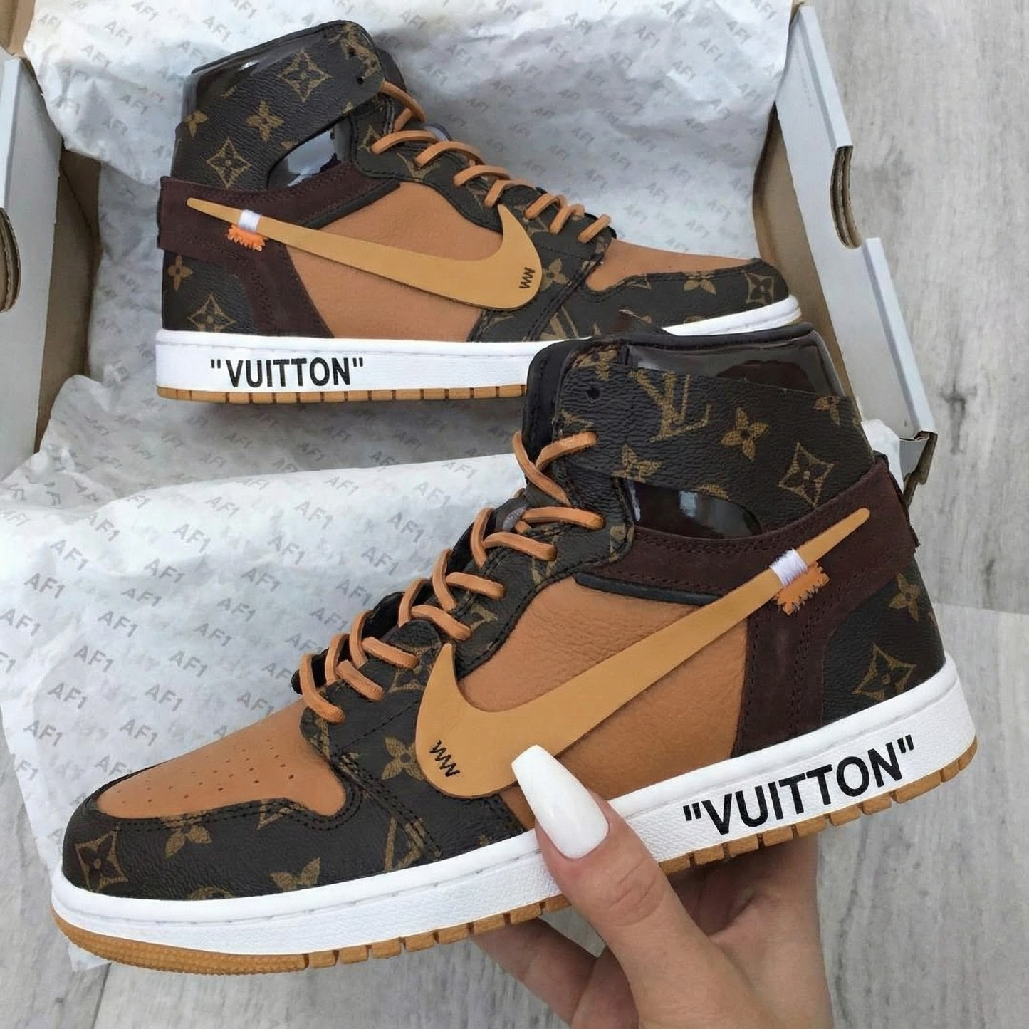 Brown Tan LV Pattern Custom AJ 1s Shoes Travis Scott
