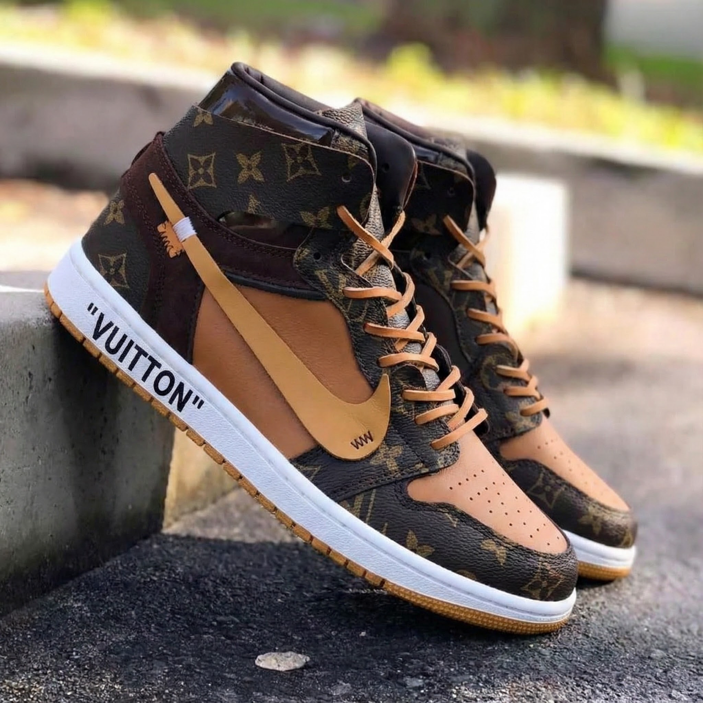 Brown Tan LV Pattern Custom AJ 1s Shoes Travis Scott