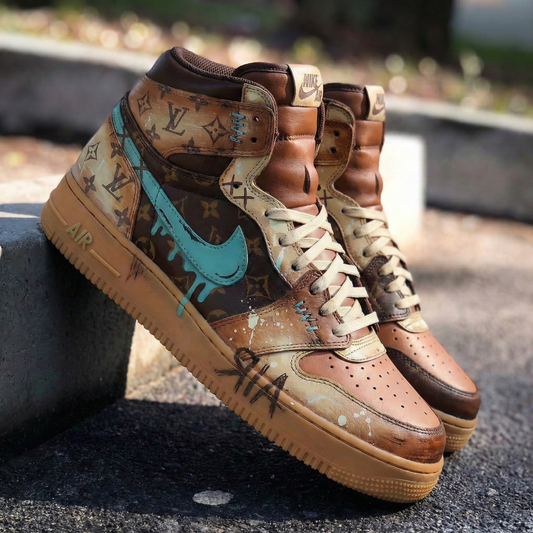 Brown Teal LV Pattern Custom AF 1s Shoes