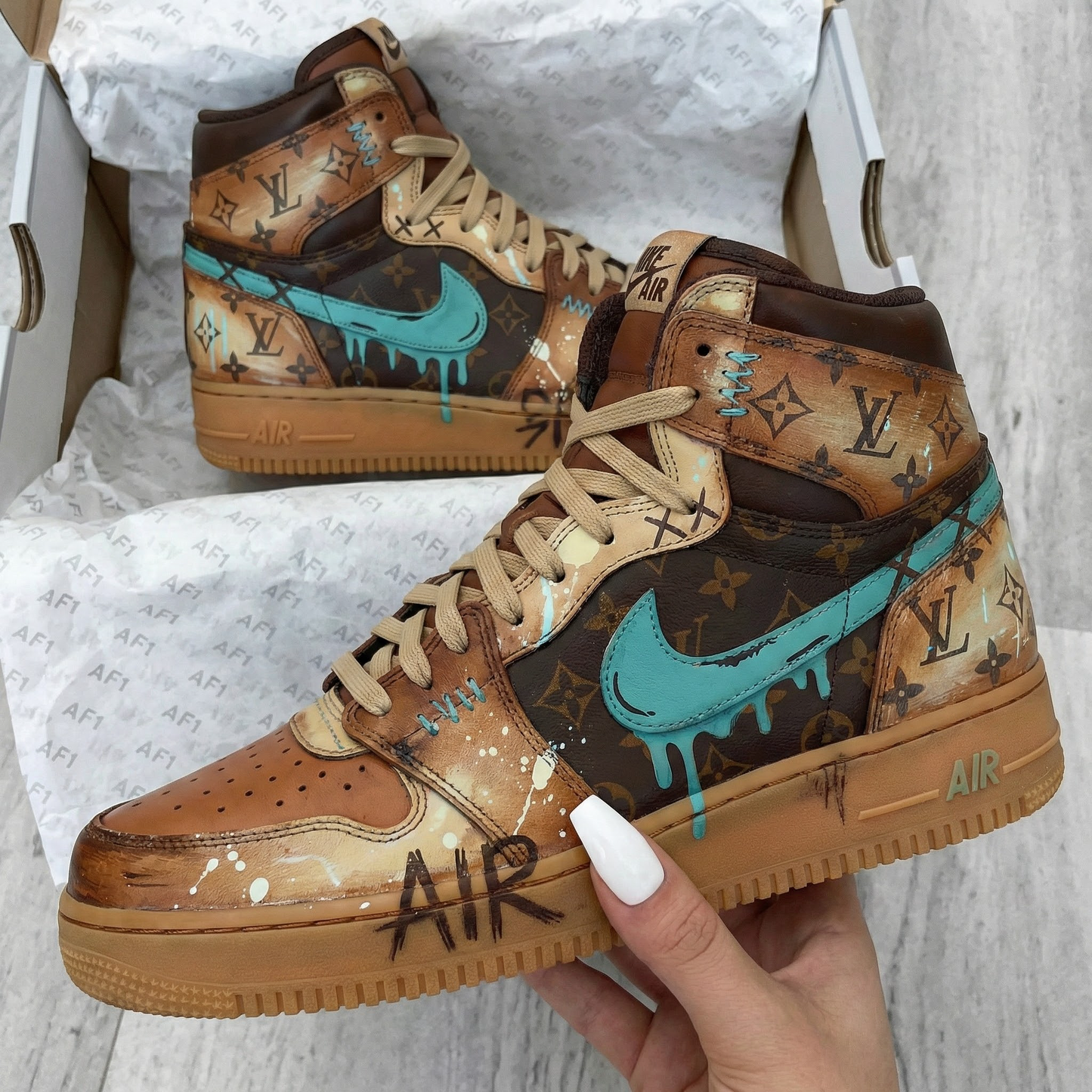 Brown Teal LV Pattern Custom AF 1s Shoes