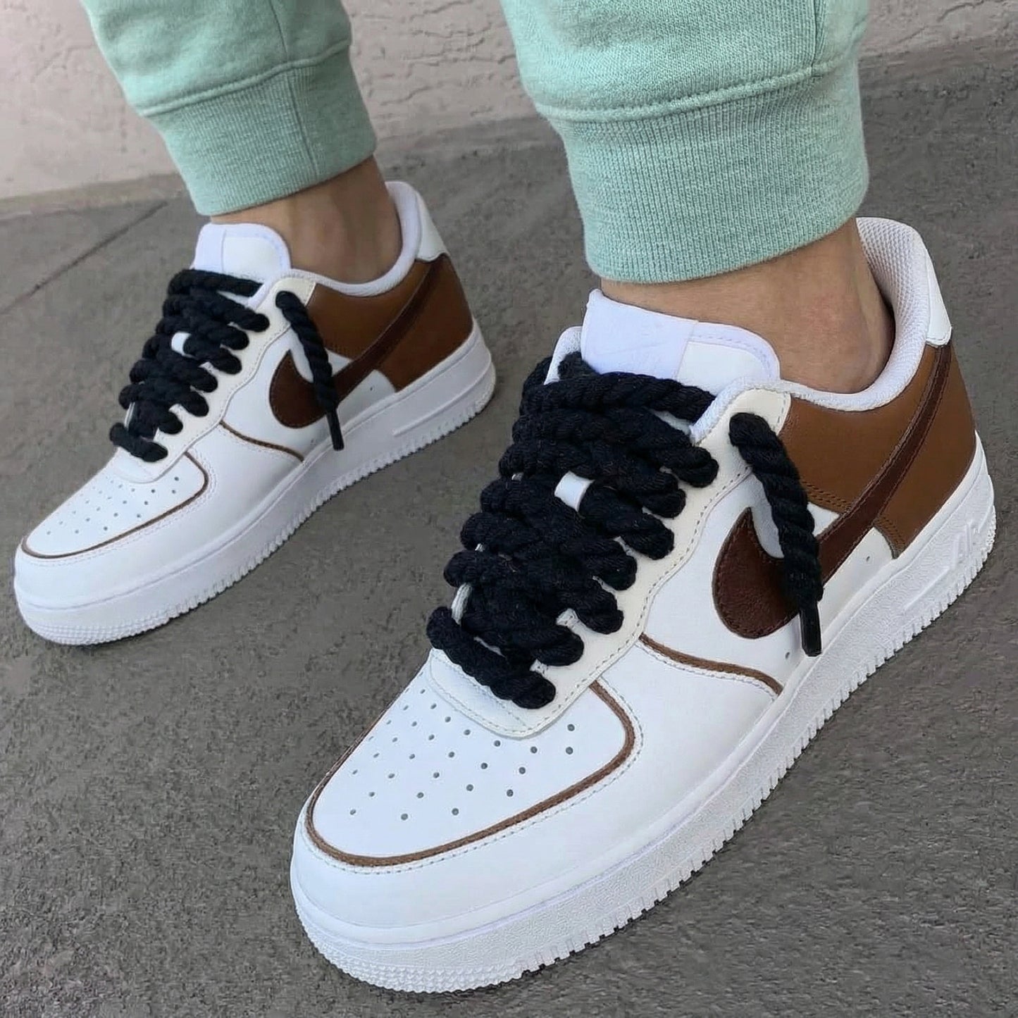 Brown White Custom AF 1s Shoes Thick Shoelaces
