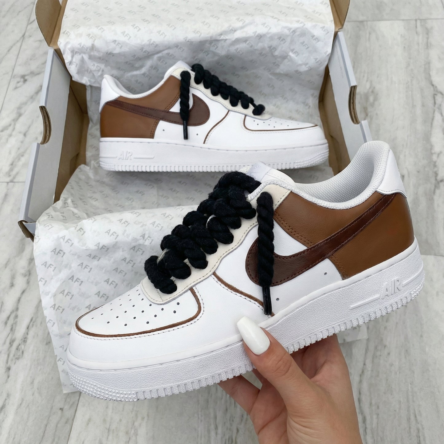 Brown White Custom AF 1s Shoes Thick Shoelaces