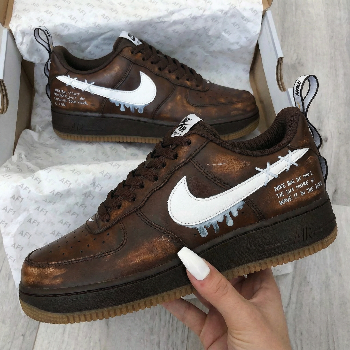 Brown White Dripping Custom AF 1s Shoes