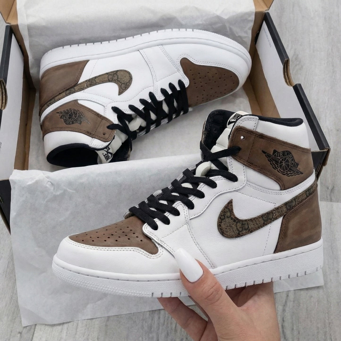 Brown White GG Custom AJ 1s Shoes