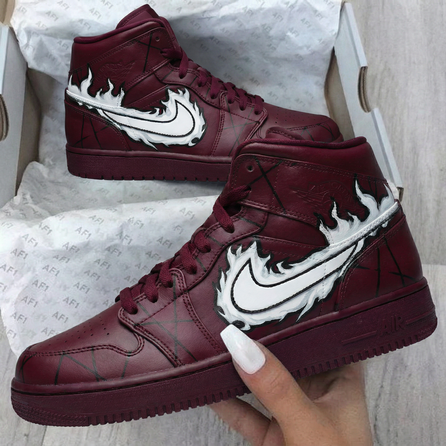Burgundy Flame Pattern Custom AF 1s Shoes