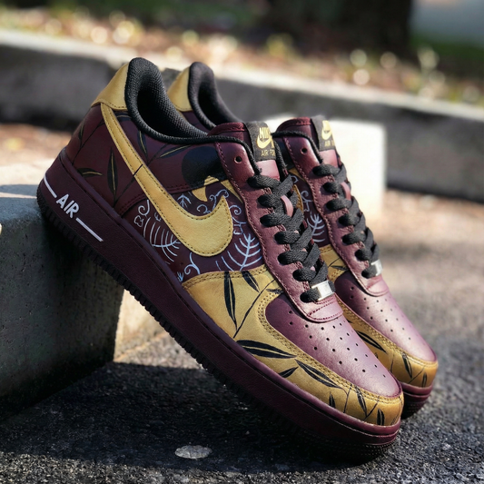 Burgundy Gold Leaf Pattern Custom AF 1s Shoes
