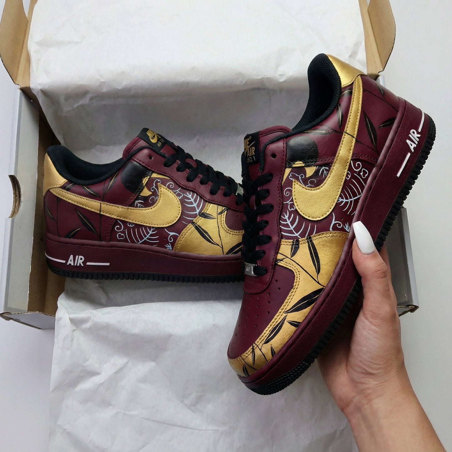 Burgundy Gold Leaf Pattern Custom AF 1s Shoes