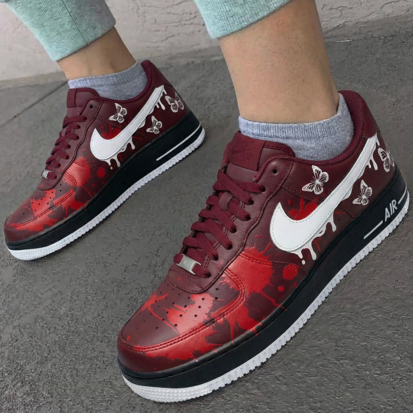 Burgundy Red Blood - Splatter Butterflies Custom AF 1s Shoes