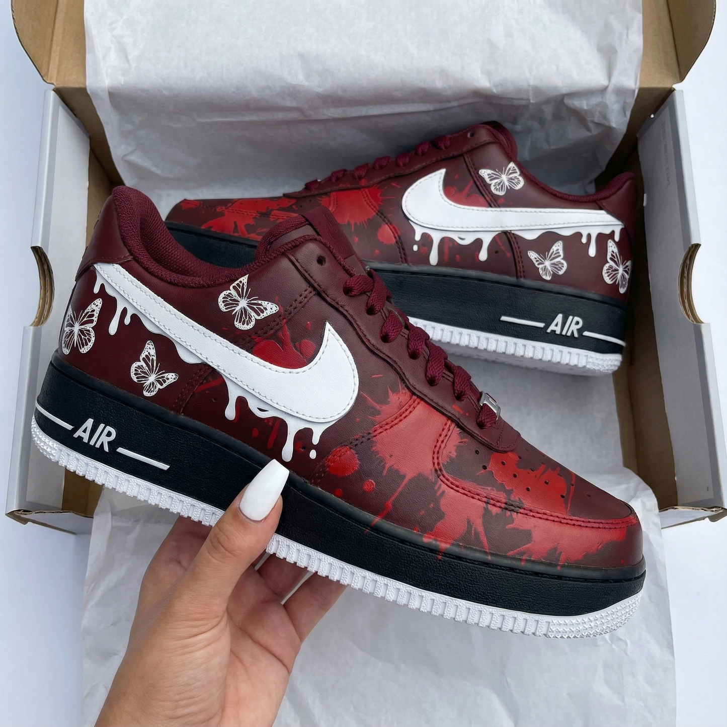 Burgundy Red Blood - Splatter Butterflies Custom AF 1s Shoes